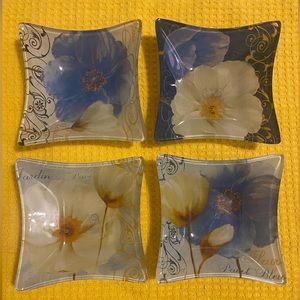Prima Desingn Square 5” Bowls Art Glass Blue Floral Set of 4 dessert dishes